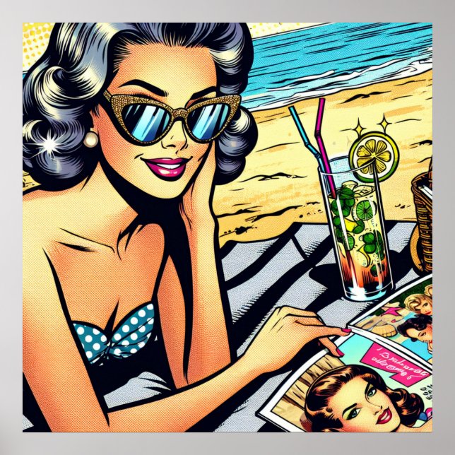 Affiche Belle dame rétro à la plage avec Cocktail (Devant)