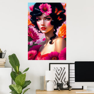 Affiche Belle Dame Vintage En Rouge