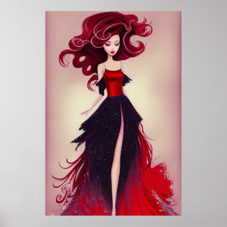 Affiche Belle esquisse de mode de femme avec cheveux rouge