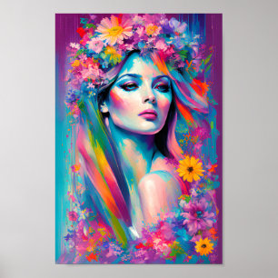 Affiche Belle femme Aquarelle Floral Arc-en-ciel