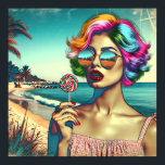 Affiche Belle femme Art Pop Rétro avec Lollipop<br><div class="desc">Femme de style rétro en lunettes de soleil aux cheveux colorés et une lollipop avec un arrière - plan de plage aux couleurs psychédéliques.</div>