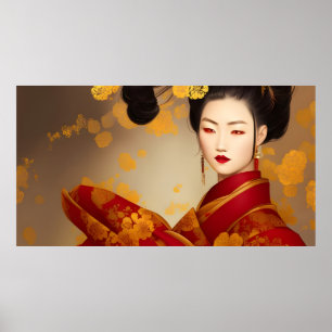 Affiche Belle femme asiatique geisha rouge or 2