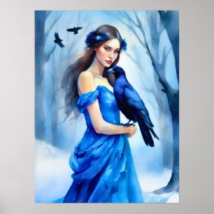 Affiche Belle Femme au corbeau, dans une forêt de neige