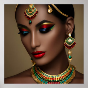 Affiche Belle femme aux bijoux verts dorés exotiques égypt