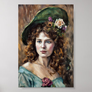 Affiche Belle femme avec chapeau fleuri dessin pastel