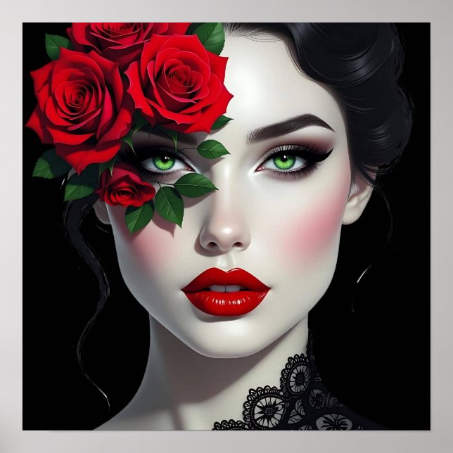 Affiche Belle Femme avec Rose Rouge (Devant)