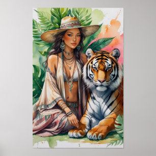 Affiche Belle femme boho sereine et son tigre