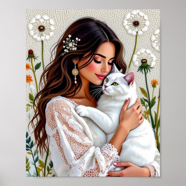 Affiche Belle Femme, Chat et Pissenlits (Devant)