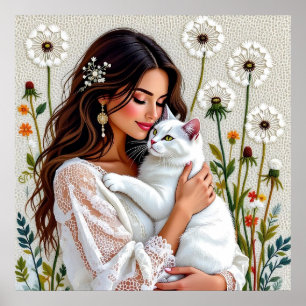 Affiche Belle femme, chat et pissenlits
