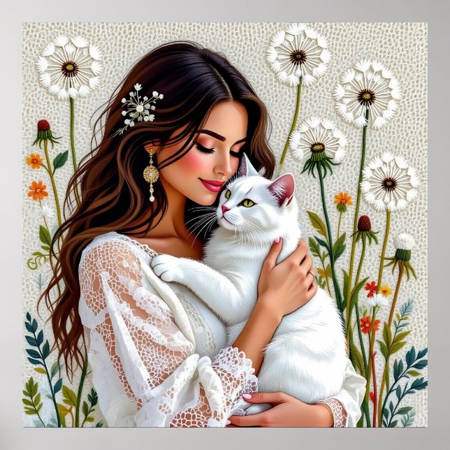 Affiche Belle femme, chat et pissenlits (Devant)