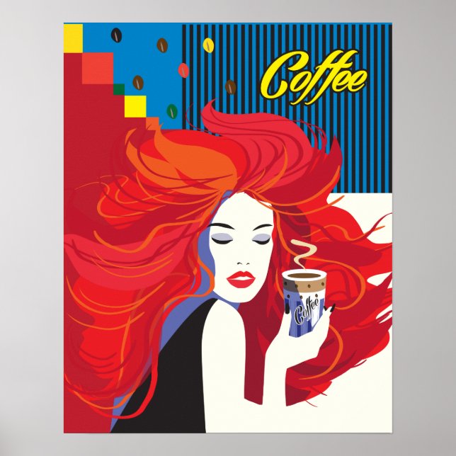 Affiche "Belle Femme de mode avec Café Cup" Pop Art (Devant)