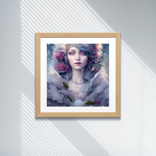 Affiche Belle Femme d'hiver Floral et Neige