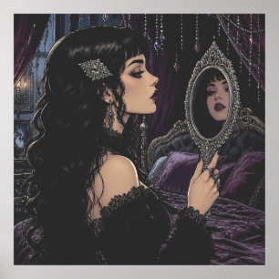 Affiche Belle femme gothique regardant dans un miroir anti