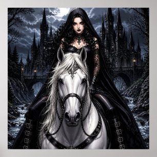 Affiche Belle femme gothique sur un cheval blanc