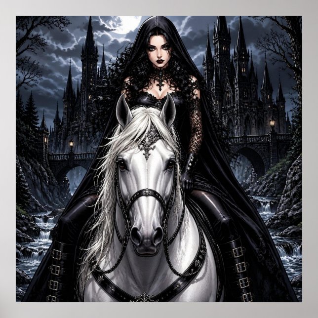 Affiche Belle femme gothique sur un cheval blanc  (Devant)