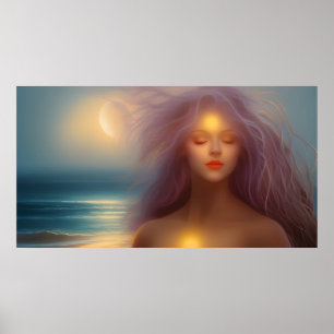 Affiche Belle femme plage clair de lune océan 4