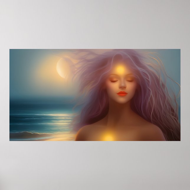 Affiche Belle femme plage clair de lune océan 4 (Devant)