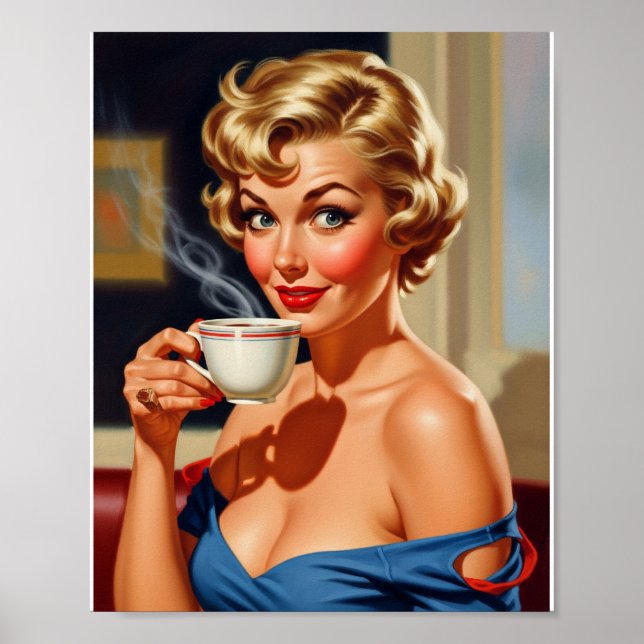 Affiche Belle femme rétro avec une tasse de café (Devant)