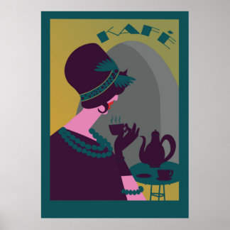 Affiche Belle femme rétro dans un café sirotant un café