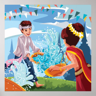 Affiche Belle fête de Songkran Jouer de l'eau