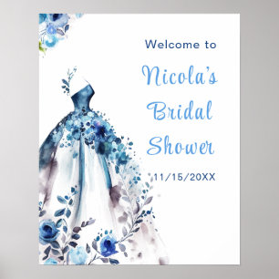 Affiche Belle Fête des mariées Florale Bleue Bienvenue