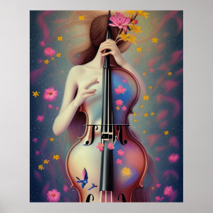 Affiche Belle fille Art Nouveau avec violoncelle fleurs ro