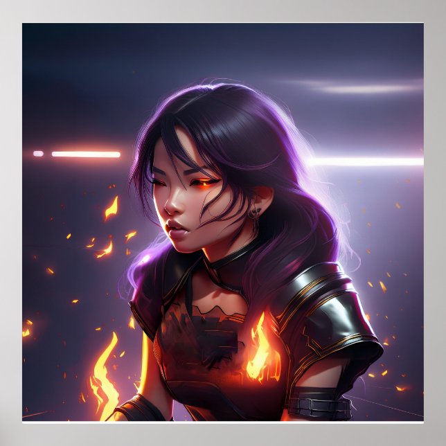 Affiche Belle Fille Asiatique Tire du Feu des Yeux (Devant)