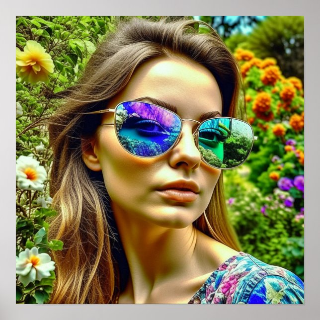 Affiche Belle fille avec lunettes de soleil Fleurs de réfl (Devant)