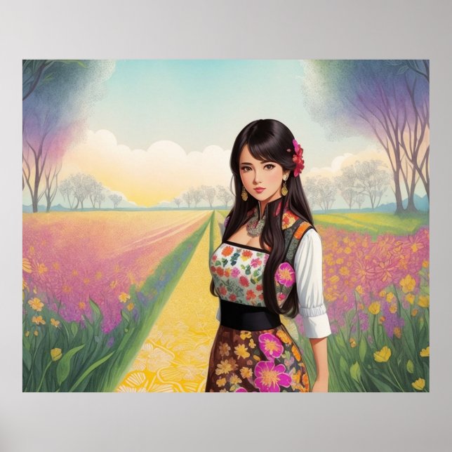 Affiche Belle Fille dans un Jardin de Fleurs (Devant)