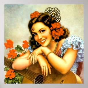 Affiche Belle Fille de Calendrier Mexicaine avec Guitare 
