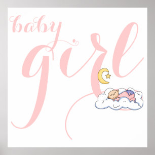 Affiche Belle fille endormie typographie pink pépinière