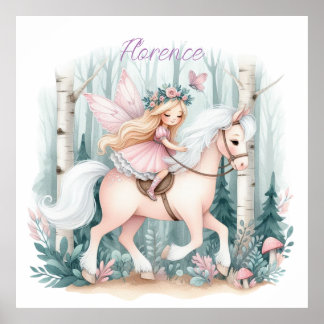 Affiche Belle fille fée chevauchant dans une forêt enchant
