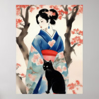 Belle fille japonaise avec un chat noir