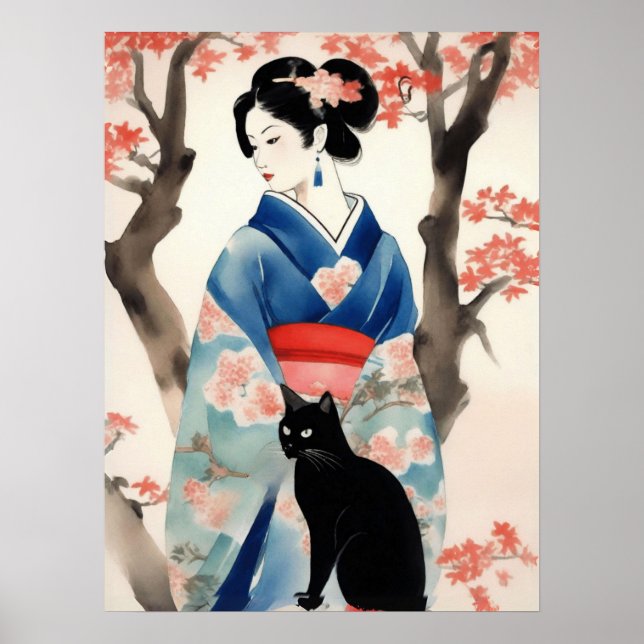 Affiche Belle fille japonaise avec un chat noir (Devant)