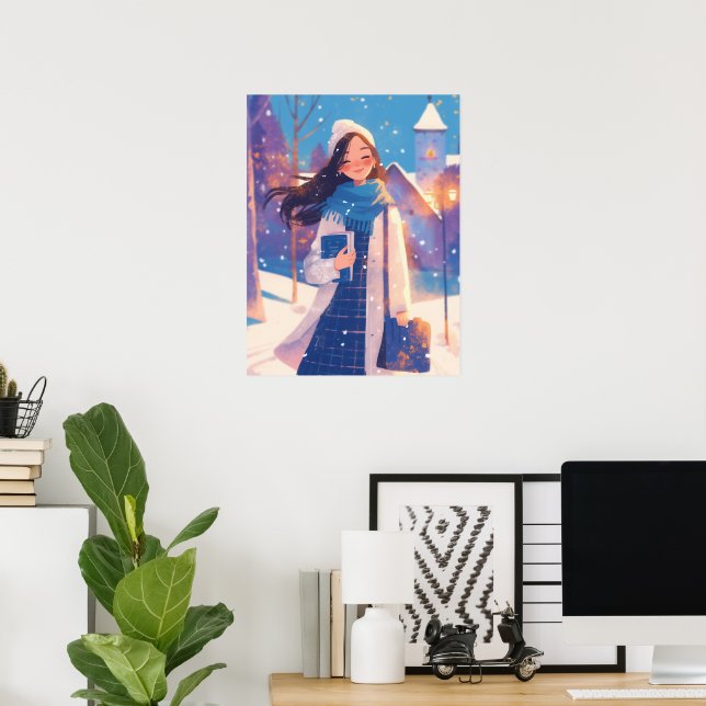 Affiche Belle Fille Marchant dans la Rue d'Hiver (Bureau à domicile)