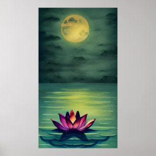 Affiche Belle Fleur de Lotus Serene et une Pleine lune