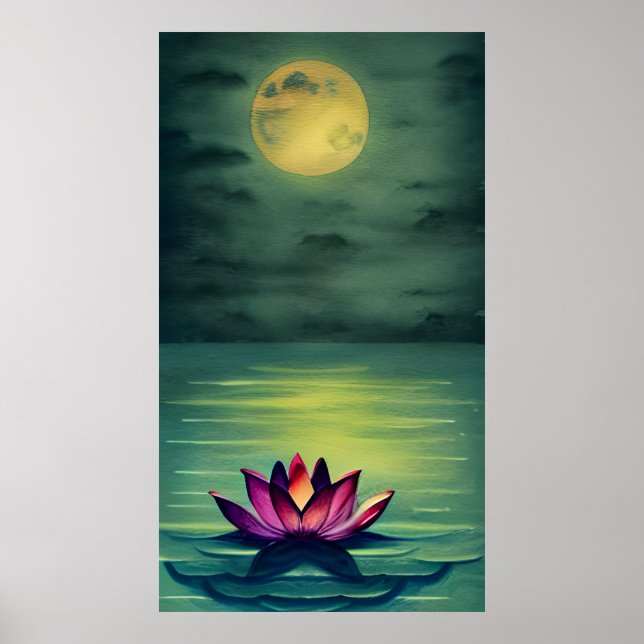 Affiche Belle Fleur de Lotus Serene et une Pleine lune (Devant)