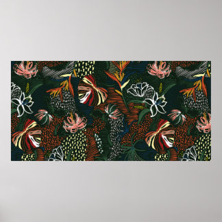 Affiche Belle fleur rétro dessinée à la main, palme tropic
