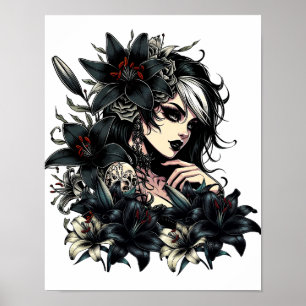 Affiche Belle Goth Girl Black Lilly Flowers art