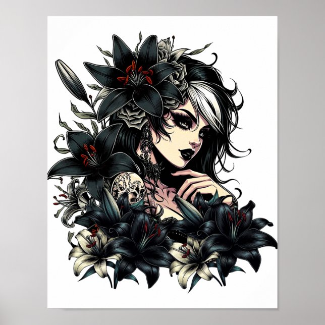 Affiche Belle Goth Girl Black Lilly Flowers art (Devant)