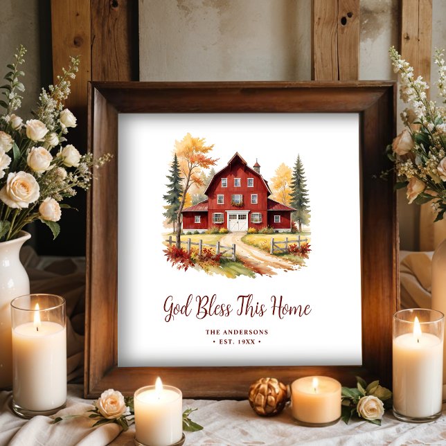 Affiche Belle Grange Rouge Rustique Classique Style Ferme (Exquisite Red Rustic Barn Classic Farmhouse Style Square Posters with Personalized Family Name.)