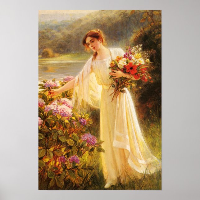 Affiche Belle, jeune femme, fleurs, par Albert Lynch, Bell (Devant)