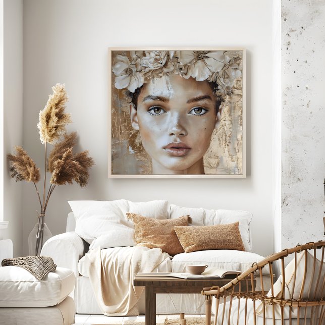 Affiche Belle jeune modèle de mode Floral Portrait Art (Beautiful Young Fashion Model Floral Portrait Art Poster in a neutral boho living room.)