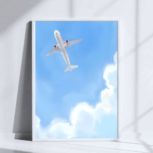 Affiche Belle Journée Ciel Bleu Nuages Avion Aquarelle