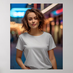 Affiche Belle mannequin portant un t-shirt blanc Gildan