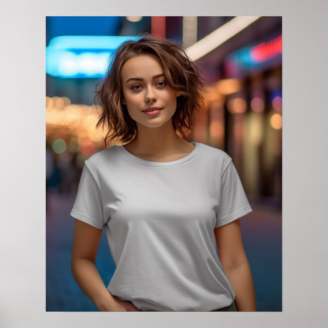 Affiche Belle mannequin portant un t-shirt blanc Gildan (Devant)