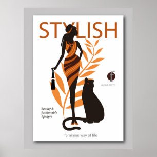 Affiche Belle mode africaine fille grand chat Panther