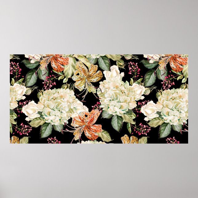 Affiche Belle motif d'aquarelle avec fleurs d'hydra (Devant)