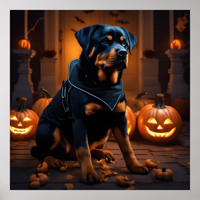 Affiche Belle nuit de Chien à Halloween Rottweiler avec Ci (Devant)