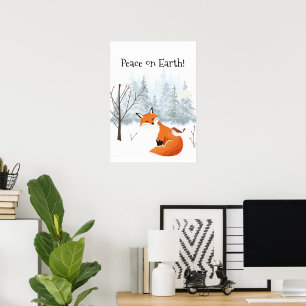 Affiche Belle Paix sur Terre Renard Rouge Oiseau Hiver 